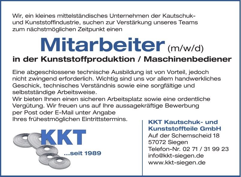 Stellenausschreibung Kunststoffproduktion / Maschinenbediener